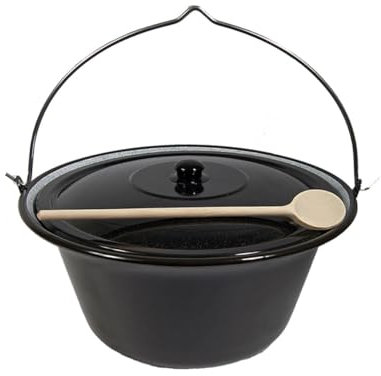 troph-e-shop Set Gulaschkessel Gulaschtopf 10 Liter Emaille + Deckel + Kochlöffel Suppentopf Gulaschtopf Hordentopf