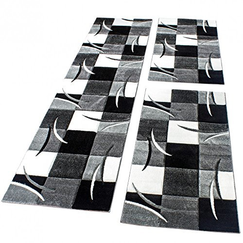Paco Home Bettumrandung Läufer Teppich Modern Karo Schwarz Grau Weiss Läuferset 3 TLG., Grösse:2mal 60x110 1mal 80x300