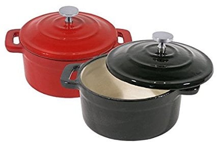 Mini de Cocotte, redonda, de hierro fundido, interior color crema, Exterior de color (Negro o Rojo) emalliert, con Tapa con botón de acero inoxidable, apta para inducción, ERK