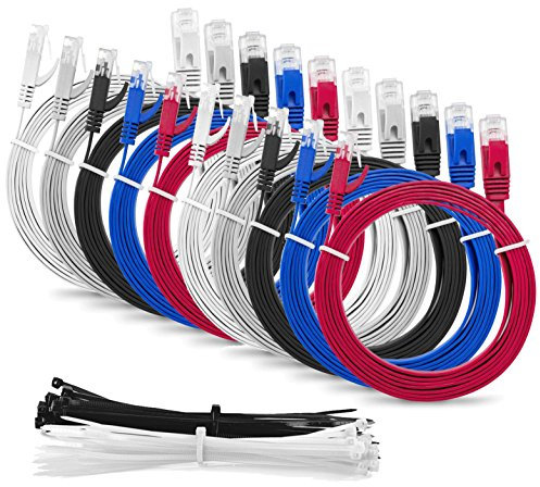Multicavo SLIM FLAT 1m Cat6 RJ45 cavo Patch Rete Ethernet Lan - Confezione da 10 Multi Colore - 1 metro + 15 fascette