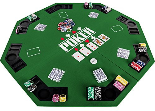GAMES PLANET Faltbare Pokerauflage „Full House“ für bis zu 8 Spieler, achteckig, Maße 120x120 cm, MDF Platte, 8 Getränkehalter, 8 Chiptrays, grün