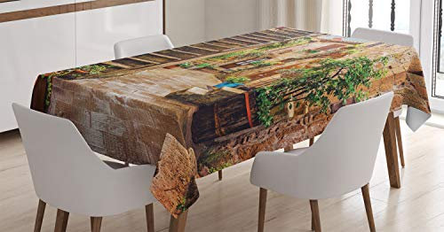 ABAKUHAUS Italien Tischdecke, Alte Steinstraßenhäuser, Für den Inn und Outdoor Bereich geeignet Waschbar Druck Klar Kein Verblassen, 140 x 240 cm, Braun Grün