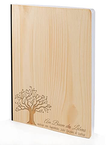 Notizbuch mit Holz Cover in A5 - BAUM DES LEBENS - Echtholz Notebook zum Reinschreiben Zirbenholz Holzeinband 192 blanko Seiten 90g