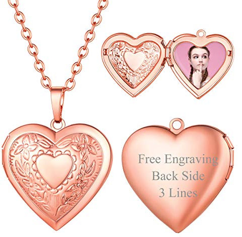 FOCALOOK Collier Porte Photo Coeur Femme Plaqué Or Rose Pendenitif Médaillon Personnalisable Photo Texte Cahîne Fine Réglable 2,5mm/50+5cm Bijoux Cadeau Unique