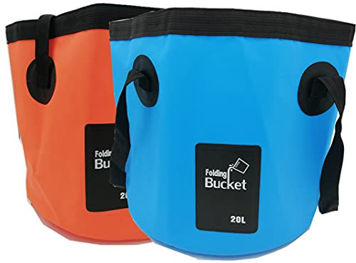 MIZORLIE Lot de 2 seaux pliables, conteneurs d'eau de camping, 20 l, seau de lavage pliable portable pour voyage, camping, randonnée, pêche, bateau, jardinage (bleu + orange)