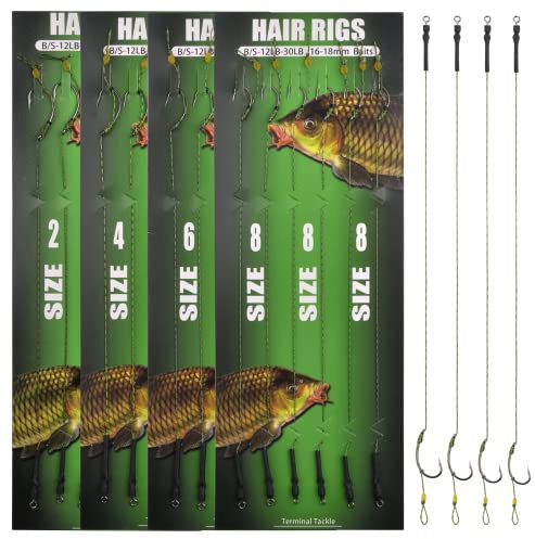 Carp Fishing Hair Rigs, 24pcs Curved Barbed Carp Hooks Freshwater Fishing Gear with Anti-Tangle Rolling Swivel Boilies Handmade Braided Thread Line Hair Bait Rig