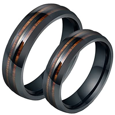 Bishilin Paar Ringe für Sie und Ihn, 6MM Schwarz Ringe mit Holz Damen Gr.57 (18.1) + Herren Gr.67 (21.3), Partnerringe Eheringe Edelstahl