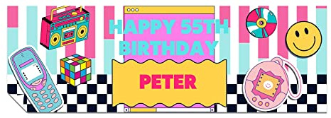 Personalised Birthday Banner, Add Name and Age, Retro 90's Party Poster | Happy Birthday Wall Decoration for Women, for Men, Heavyweight Paper, Vivid Print, Custom 16ft x 2ft, Him or Her