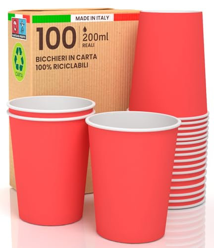Baciato Caffè 100 Gobelets Carton, Rouge, Jetables, pour la Boisson Froide, Chaude, Café, Thé, Cappuccino, pour Anniversaire, Noël, 200ml