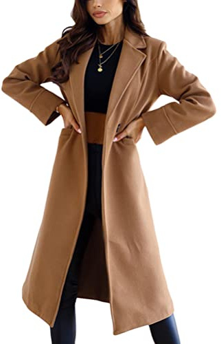 shownicer Damen Mantel Elegant Lang Wollmantel Mode Langarm Umlegekragen Einfarbig Trenchcoat Warme Outwear Herbst Winter Jacke mit Gürtel