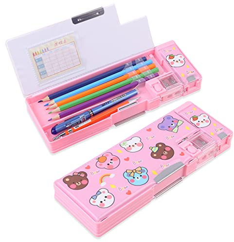 LilyBeauty Pop-Up-Multifunktions-Federmäppchen für Mädchen und Jungen, niedliche Cartoon-Stiftebox, Organizer, Schreibwaren mit Spitzer, Zeitplan, Schulbedarf, rosa Bär