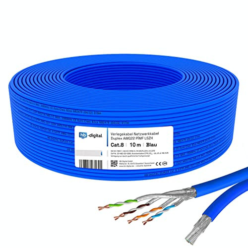 HB-DIGITAL 10m CAT 8 Netzwerkkabel LAN Kabel Verlegekabel Ethernet Installationskabel 40 Gbit/s AWG 22/1 reines Kupfer S/FTP LSZH BauPVO Klasse B2ca Datenkabel Duplex - Blau