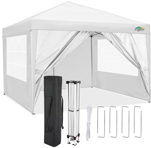 COBIZI Pavillon 3x3 Wasserdicht Stabil Winterfest Partyzelt 3x3 mit 4 Seitenteilen Pop Up Faltpavillon UV Schutz 50+ Gartenpavillon Mit Handtasche, 8X Heringe und 4X Windseil, Weiß