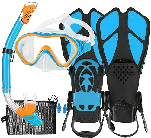 HH HHAO SPORT Schnorchelset Kinder mit Flossen, 180° Anti-Fog Panorama Weitblick Taucherbrille Kinder, Verstellbaren Schwimmflossen, Hochwertige Tauchermaske und Dry Top Schnorchel für Schwimmen,