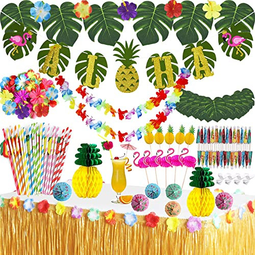 Hawaii Party Dekoration Set,114 Stück Luau Grass Tischrock Palmblätter, Hawaiian Blumen,Aloha Banner,ObstStroh,Mehrfarbige Regenschirme für BBQ Garden Sommer Tiki Tropischen Beach Deko