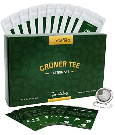 Wesertee Tea Tasting Set Grüner Tee - Tee Geschenkset zu Weihnachten mit 10 Grüntees aus aller Welt, inkl. Teeei | Luxuriöses Tee Probierset