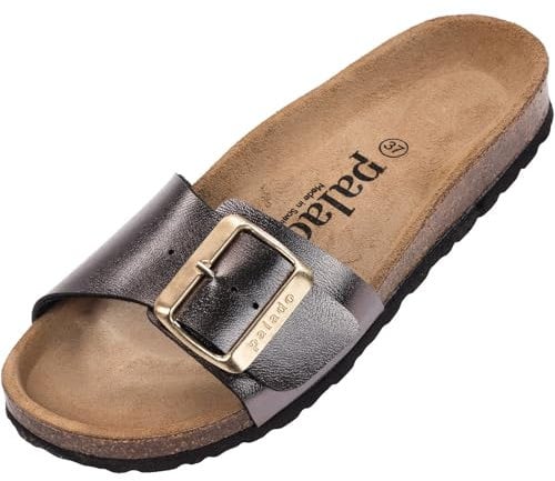 Palado Pantoletten Damen Malta EGS Metallic - bequeme Sandalen Made in Spain - Hausschuhe mit dämpfendem Kork-Fußbett - modische Sommerschuhe Anthrazit UK8 - EU41