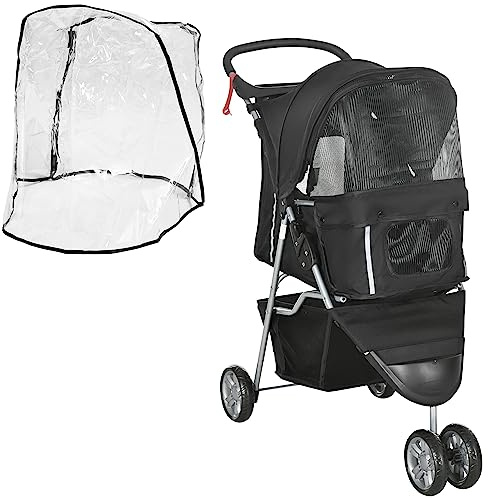 PawHut Pet Travel Stroller with Rain Cover, 3 Wheels Foldable Cat Dog Pushchair with Storage Basket and Cupholder for Small Miniature Dogs(Black)