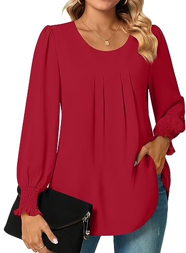 Bestbee Womens Long Sleeve Tunic Tops Dressy Chiffon Blouses Crew-Neck Smocked Cuffs Sleeve Shirts Casual T-Shirts Ladies Pleated Tops, Red, M
