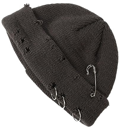 XRDSS Hip-Hop Slouchy Zerrissene Strickmütze, Unisex, Metallring, Totenkopfmütze