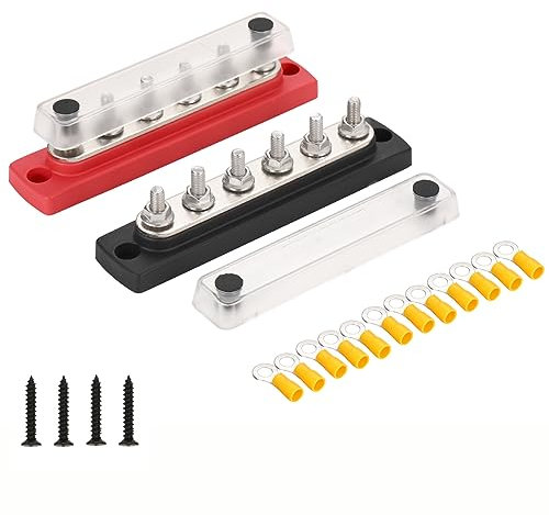 Greluma 1 Paar 6-polige Sammelschiene DC 12–48 V,150 A,6-poliger Batterie-Stromverteilungsklemmenblock mit transparenter Abdeckung