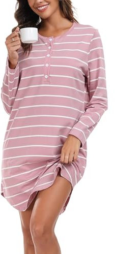 Vlazom Women’s Nightdresses Soft Cotton Nightshirt Stripes Long Sleeve Nighties Sleep Dress Sleepwear with Pockets C-Pink,L