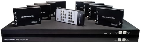 FOURKAY Conmutador de Matriz 8x8 4K HDMI sobre CAT6/7 Ethernet con 8 receptores PoE y 8 Salidas HDMI reflejadas. Distancia de Distribución de 70m. 4K60Hz. HDCP 2.2. IR matricial.