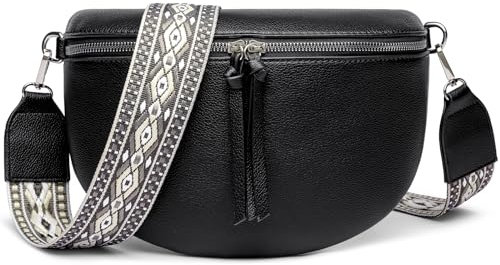 FOMAX Bauchtasche Damen, Crossbody Bag Breiter Schulterriemen im Bohemian Style, Umhängetasche Groß Extra Reißverschlussfach, Silberner Doppel-Reißverschluss Schultertasche