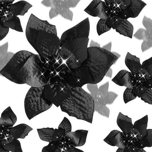WILLBOND 24 Stück 3 Größen Weihnachten Glitzer Weihnachtsstern Blumen Hochzeit Kunstblumen Weihnachtsdekoration Ornamente für Weihnachtsbaum Neujahr Home Outdoor Dekoration (Schwarz, 4/6/20 cm)