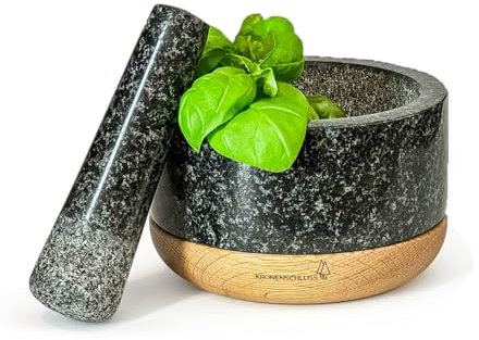 KRONENSCHLUSS – Mörser mit Stößel – langlebig mit stabilen Eichenholzsockel und robusten Granit – Durchmesser ⌀ 14 cm