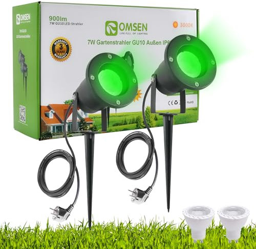 OMSEN Gartenstrahler mit Erdspieß GU10 7W Grün 230V, Robuste IP67 Wasserdicht Gartenleuchte, Austauschbare GU10 Leuchtmittel, Gartenbeleuchtung mit Strom und 2,3 m Kabel für Garten Rasen Baum Pflanzen