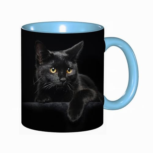 DHAEY Tasses à café amusantes,Chat noir aux yeux jaunes sur fond noir,Tasse à thé humoristique pour femme – Tasse à café unique – Cadeau d'anniversaire