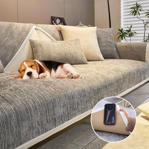 YODAOLI Funny Fuzzy Simple Striped Chenille Anti-Scratch Couch Cover, Funny Fuzzy Couch Cover, Chenille Non-Slip Couch Cover Suitable for All Seasons (Light Gray,70 * 210cm (27.55 * 82.67in))