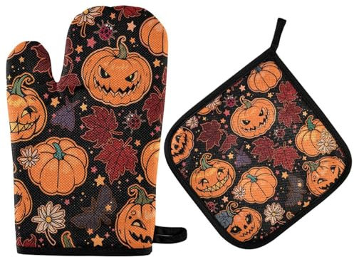 Oven Mitts and Potholder Set Halloween Pumpkin Skull Oven Mitts Heat Resistant Kitchen Counter Safe Mats Oven Gloves Non-Slip Grip for Microwave BBQ Cooking Baking Grilling