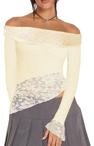 Women's Y2K Slim Fit Crop Tops Casual Solid Color Off Shoulder Crew Neck Long Sleeve Tight T-Shirt Basic Blouse Tee Tops (Z5 Light Yellow, M)