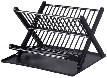 Koomuao - Escurridor de platos de cocina plegable de plástico, bandeja de goteo, organizador de escurridores para platos para bandeja de goteo rápido, escurridor para platos limpios, color negro