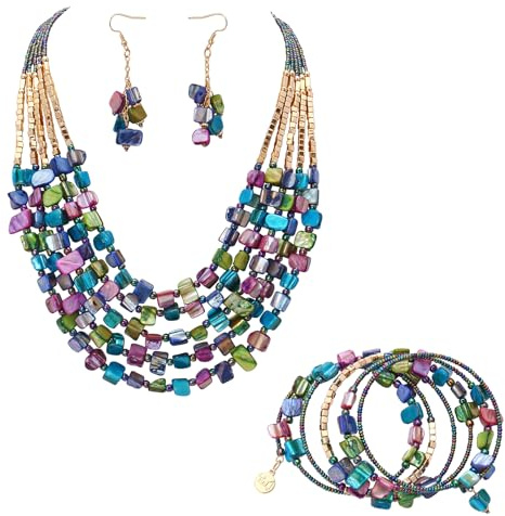 Firstmeet Bohemian Multi-Layer Shell Beaded Necklace With Earrings Bracelet Seed Bead Irregular Costume Jewelry for Women(XL-1201-Autumn Set)