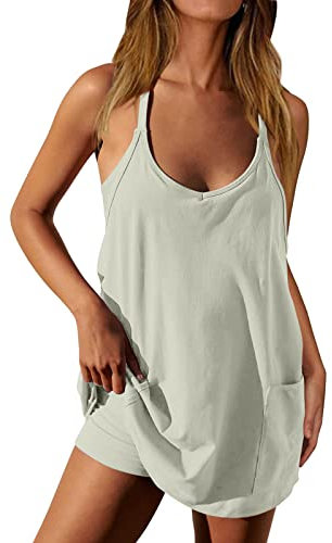 Damen Sommer Bequem Casual Strampler Jumpsuit Latzhose Strampler Spaghettiträger Shorts Overalls mit Taschen, #011 Beige, XX-Large