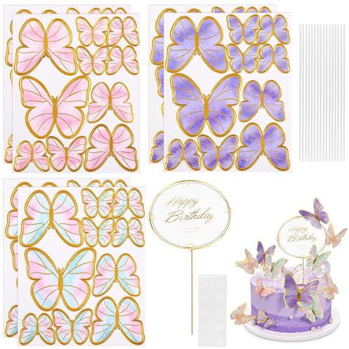 DTYGUIXE Torte Topper, 60 Stück Schmetterlinge Kuchen Topper 3D Schmetterlinge Deko Torte Butterfly Cupcake Toppers mit 2 Happy Birthday-Kuchendeko für Geburtstag Hochzeitstorte Babyparty