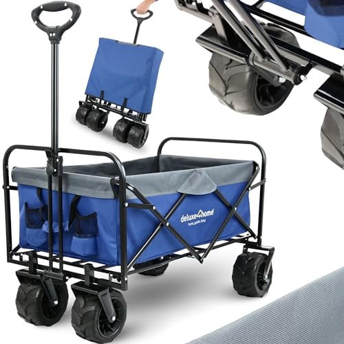 deluxe4home® Bollerwagen faltbar in Blau I Breite Reifen Geländetauglich I Mit 2 Netztaschen I Handwagen Transportwagen I Campingwagen Trolley Gerätekarre