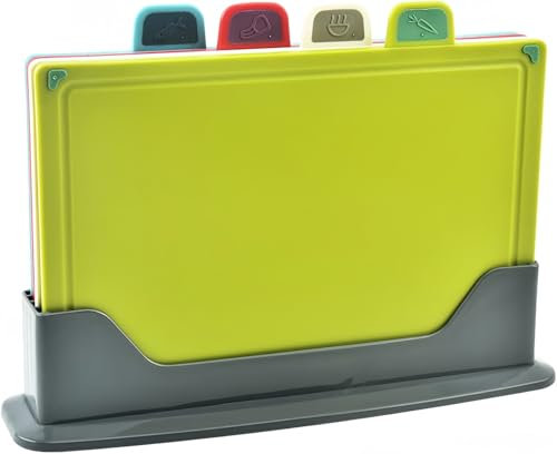 KAHEIGN 4 Pièces Planches à Découper en Plastique, 30CM x 20CM Multicolore Épaisse Antidérapante Sans BPA Planches à Découper avec Rangement Support pour Cuisine Différents D'aliments (4 Couleurs)