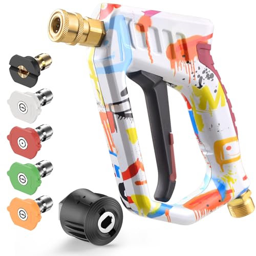 OHAYORI Pressure Washer Gun with 5 Spray Nozzles, M22-14mm to 1/4'' Quick Release Short Trigger Gun for Karcher Jet Washing, 4000PSI Colorful Power Wash Gun Kit for Car Cleaning