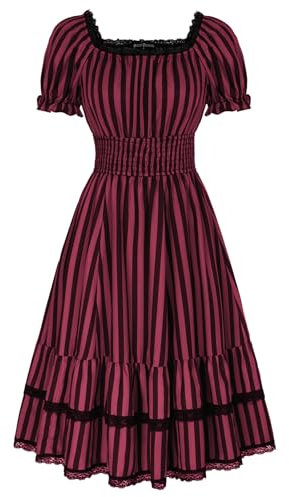 SCARLET DARKNESS Women Steampunk Dress Square Neck Vertical Stripes Gothic Dress Smocked Medieval Steampunk Vintage Tiered Dresses Red and Black Vertical Stripes M