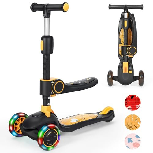 Kinderroller mit 360° drehbarem Sitz, stufenlose Höhenverstellung, Scooter mit LED-Rädern, Faltbarer Scooter für Kinder von 1 bis 8 Jahren, Gelb