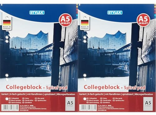 Stylex 43887-P6 - Collegeblock mit Spiralbindung, kariert, DIN A5, 80 Blatt mit 60 g/m² Grammatur, 6 Stück (Packung mit 2)