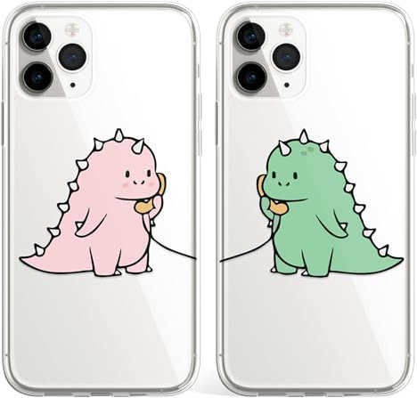 Cartoon Dinosaur Couple Phone Case Cover fit for iPhone XS Max Cute Matching Couple Best Friends Cover Shockproof Clear TPU Rubber - Pink Dino