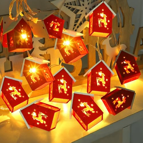 Skeadex Weihnachtsbeleuchtung Außen,2M 10 LED Holzhaus Form Lichterkette Weihnachten,Wasserdicht Christmas Lights Outdoor Batteriebetriebene,Holzhäuser Deko Weihnachtslichter für Innen Aussen (A)