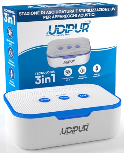 Udipur Stazione di Pulizia per Apparecchi Acustici Asciuga Sterilizza UV e Ricarica 3in1 con USB C Temperatura Max 50°C - 110x90x40 mm