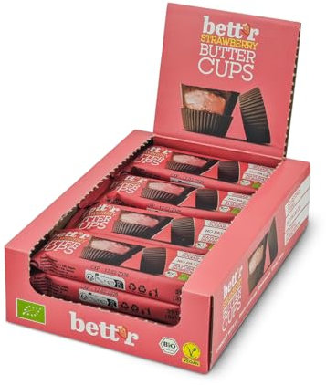 Bett’r Bio Tazas de Mantequilla de Frutos Secos con Crema de Fresa - 100% Veganas, Orgánicas y sin Aceite de Palma - 12 x 39 g