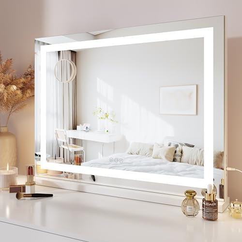 Dripex Hollywood Schminktischspiegel mit Beleuchtung 80 x 60 cm, HD Schminkspiegel für Tisch- oder Wandmontieren, Hollywood Spiegel mit 3 Farblichtmodi, 10 Facher Vergrößerung Spiegel, USB Anschluss